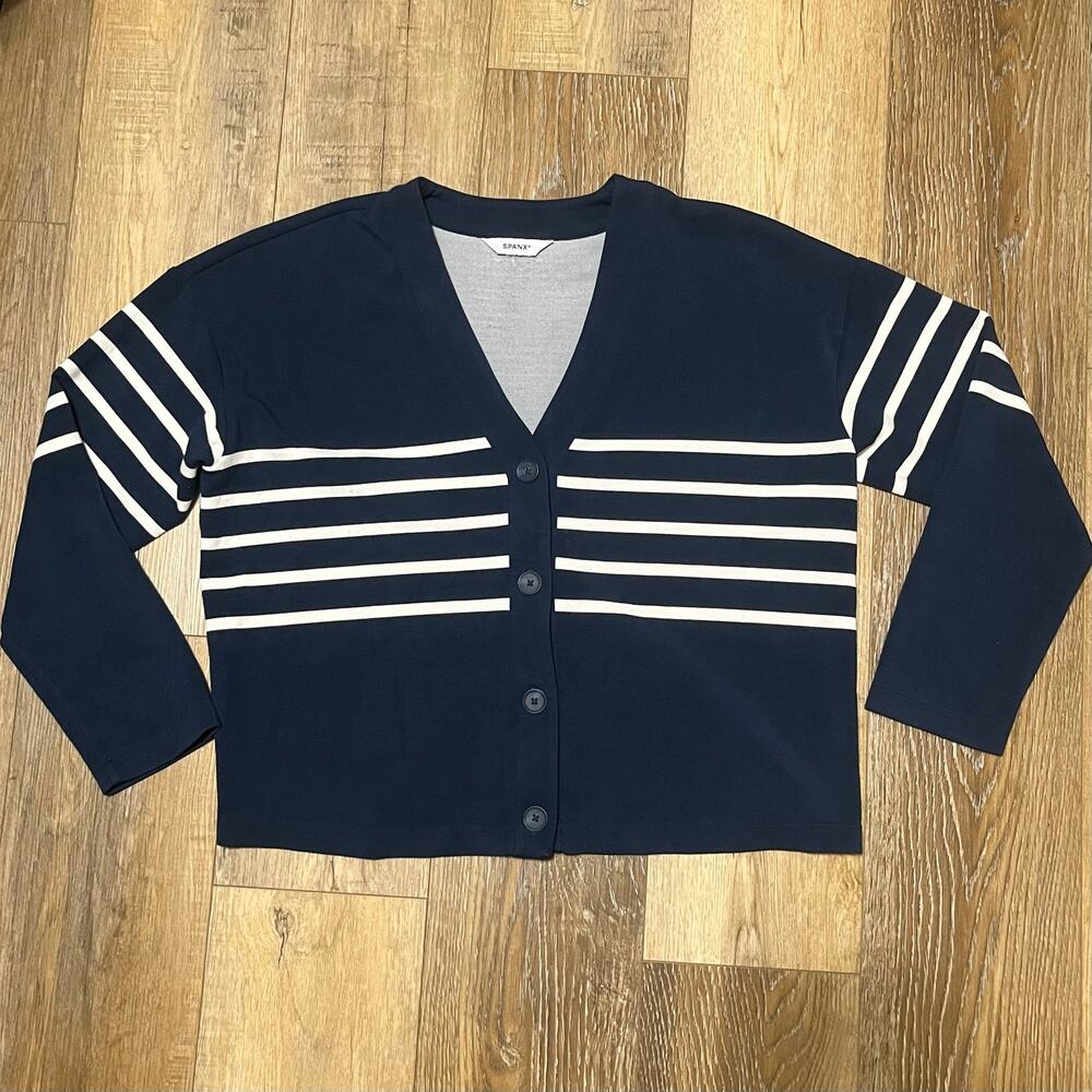 Spanx AirEssentials Womens Striped Button Front Cardigan Navy XL Nautical Preppy - Picture 3 of 6